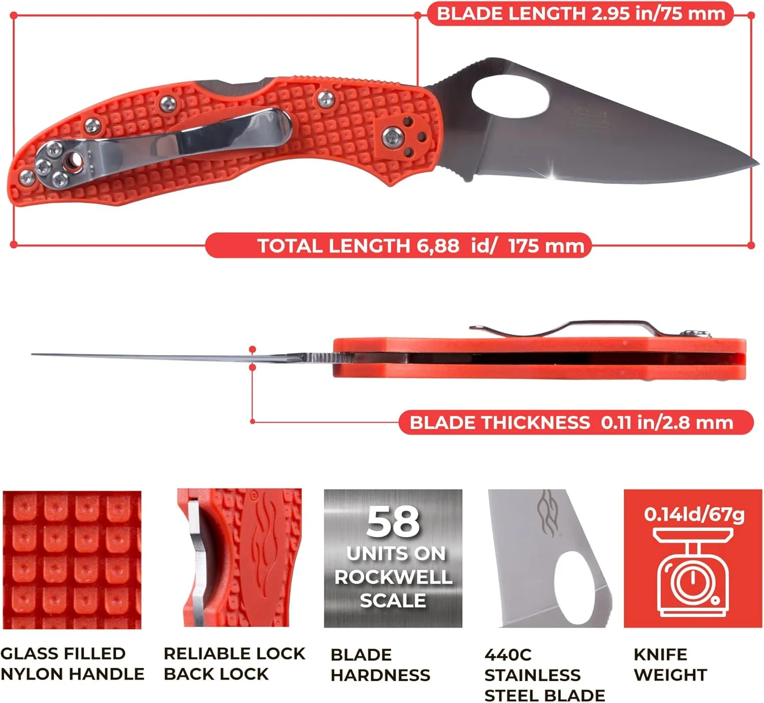 Firebird GANZO F759M Pocket Folding Knife 440C Stainless Steel Blade Nylon Glass Fiber Anti-Slip Handle with Clip Fishing Camping EDC Knife (Orange)