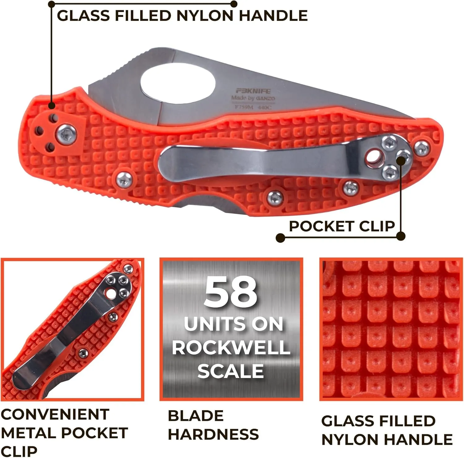 Firebird GANZO F759M Pocket Folding Knife 440C Stainless Steel Blade Nylon Glass Fiber Anti-Slip Handle with Clip Fishing Camping EDC Knife (Orange)