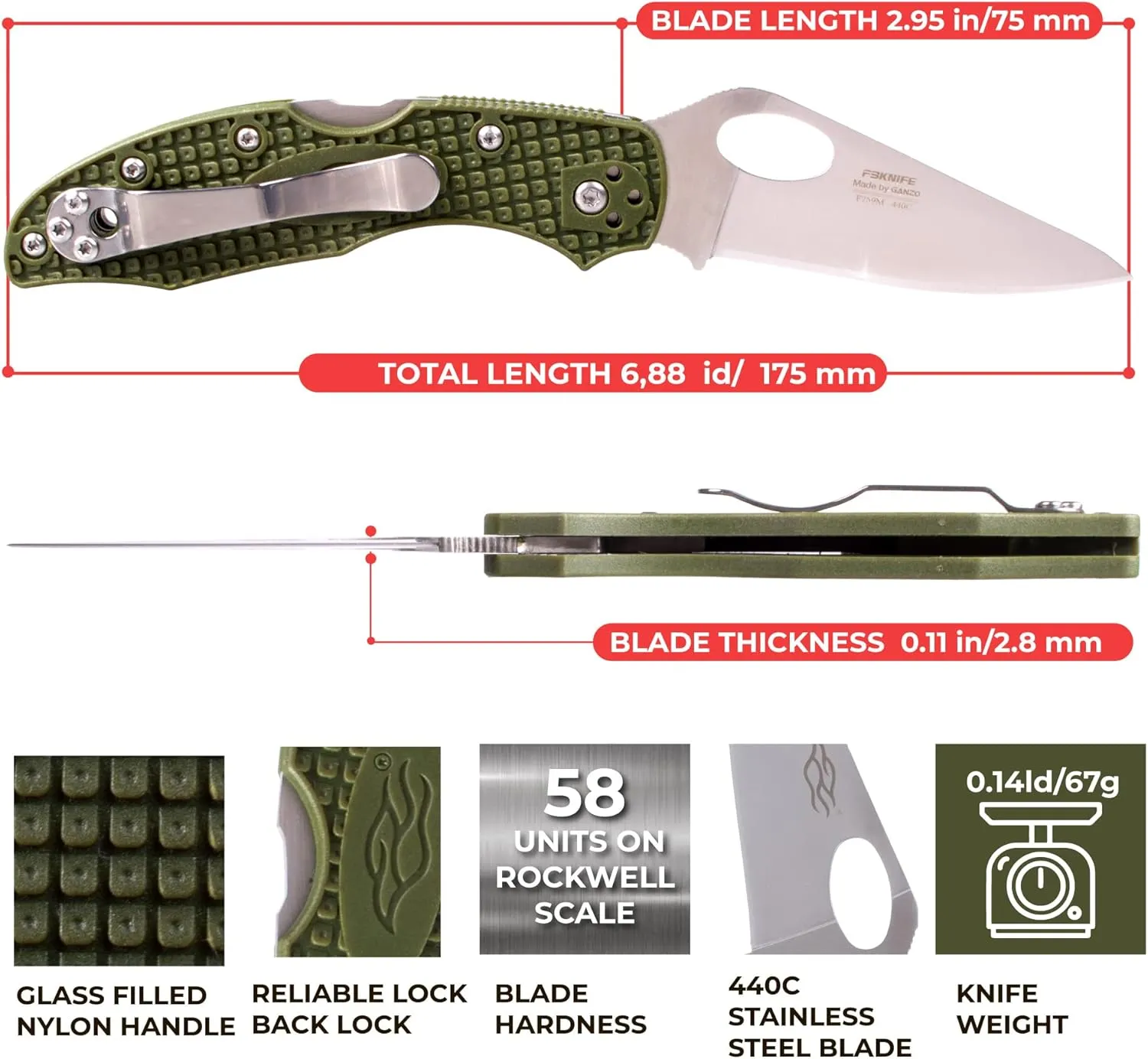 Firebird GANZO F759MS-GR Serrated Blade Pocket Folding Knife 440C Stainless Steel Serrated Blade Nylon Glass Fiber Anti-Slip Handle with Clip Fishing Camping Outdoor Gear EDC Pocket Knife (Green)