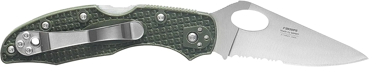 Firebird GANZO F759MS-GR Serrated Blade Pocket Folding Knife 440C Stainless Steel Serrated Blade Nylon Glass Fiber Anti-Slip Handle with Clip Fishing Camping Outdoor Gear EDC Pocket Knife (Green)
