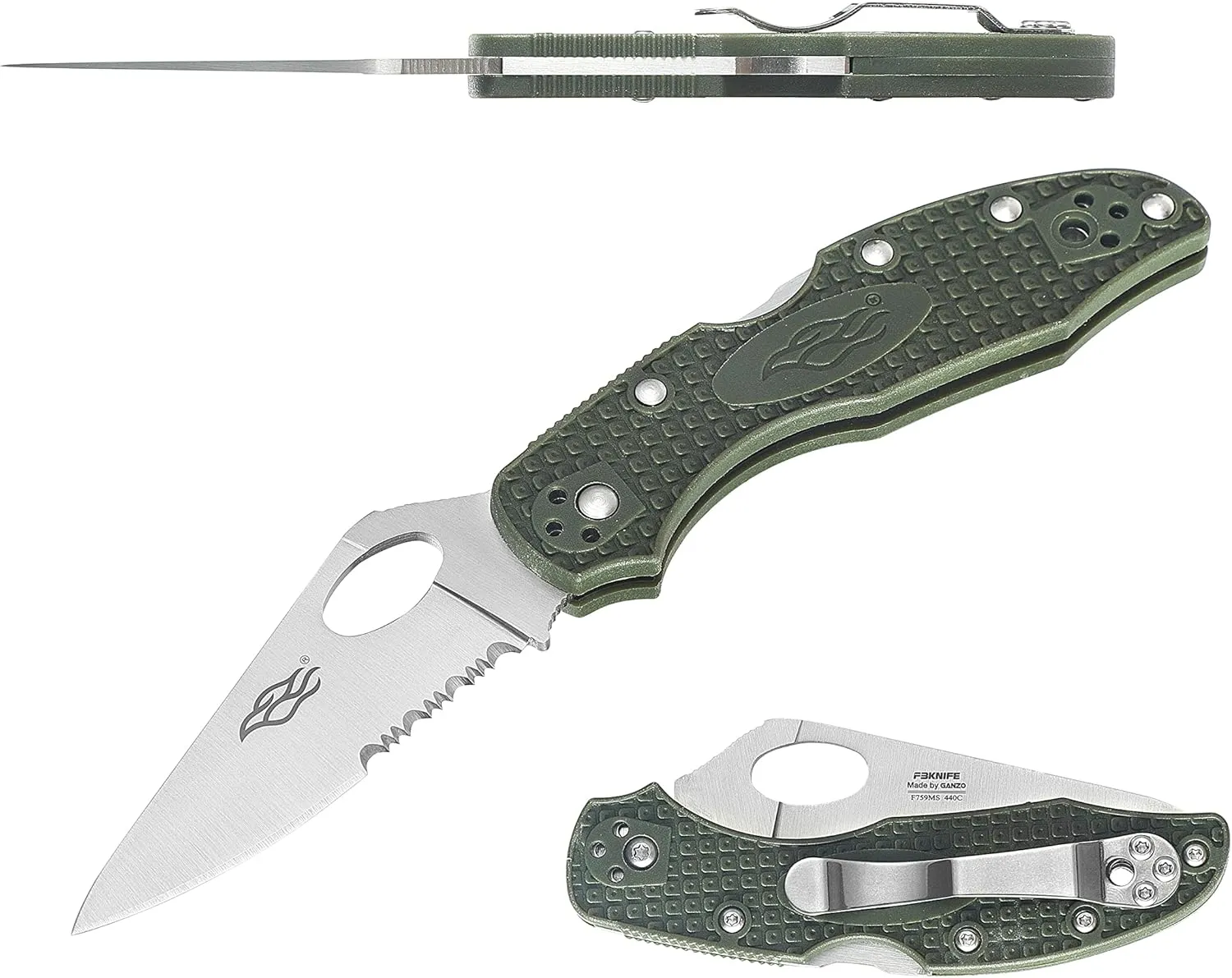 Firebird GANZO F759MS-GR Serrated Blade Pocket Folding Knife 440C Stainless Steel Serrated Blade Nylon Glass Fiber Anti-Slip Handle with Clip Fishing Camping Outdoor Gear EDC Pocket Knife (Green)
