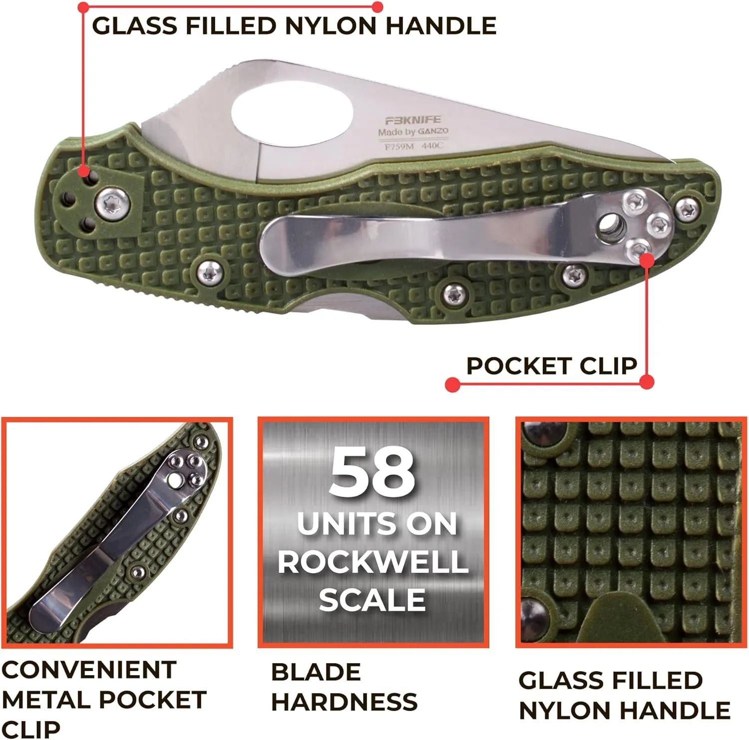 Firebird GANZO F759MS-GR Serrated Blade Pocket Folding Knife 440C Stainless Steel Serrated Blade Nylon Glass Fiber Anti-Slip Handle with Clip Fishing Camping Outdoor Gear EDC Pocket Knife (Green)