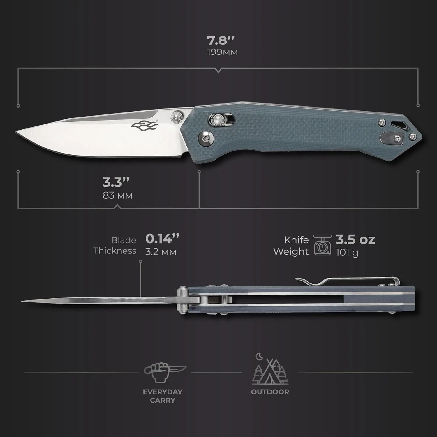 Firebird Ganzo FB7651-GY Pocket Folding Knife 440C Stainless Steel Blade G10 Anti-Slip Handle with Clip Hunting Fishing Camping Folder Outdoor EDC Knife (Grey)