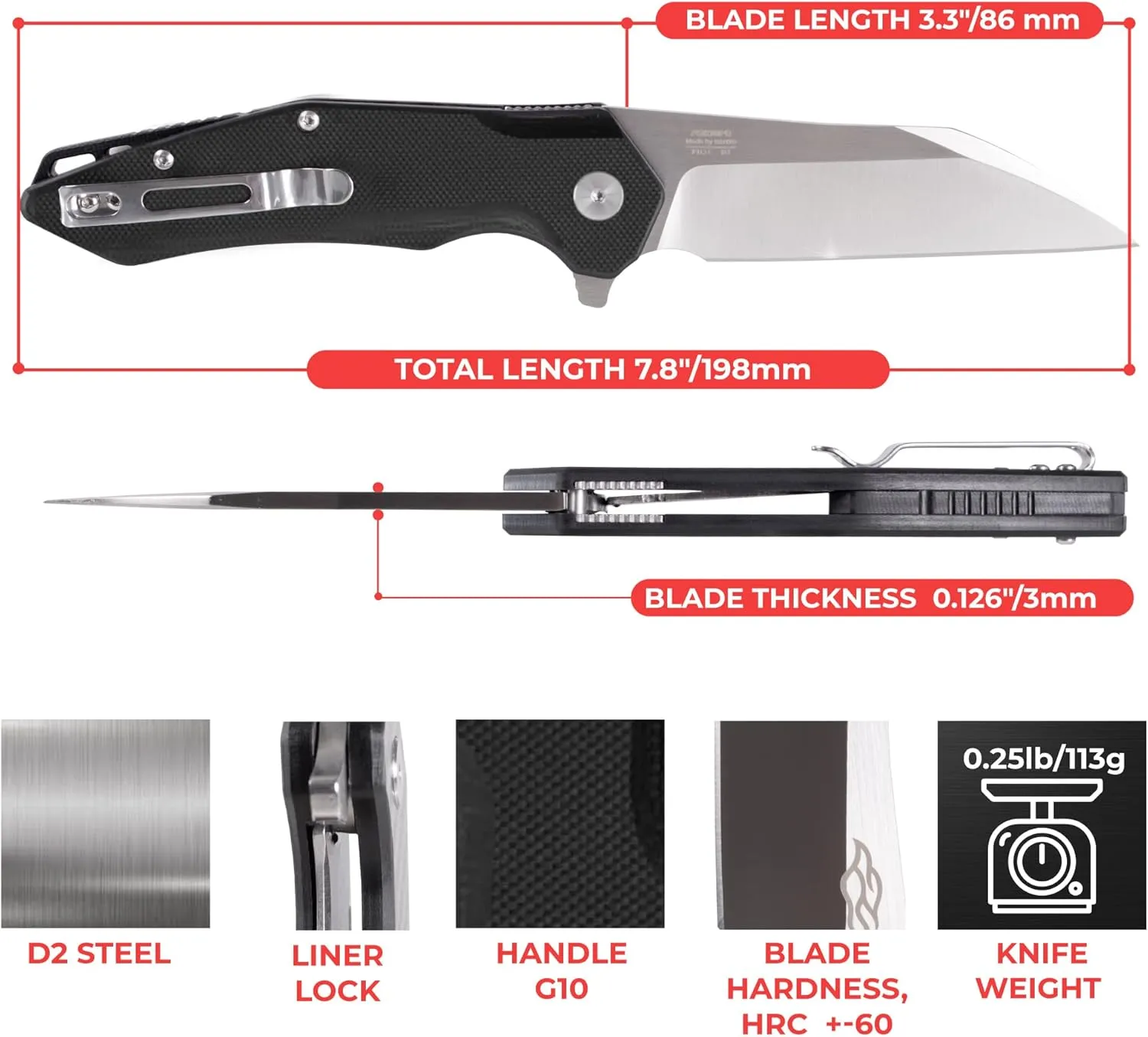 Firebird GANZO FH31 Folding Pocket Knife D2 Steel Wharncliffe Blade Ergonomic G10 Handle with Clip Hunting Fishing Flipper Camping Outdoor EDC Knife