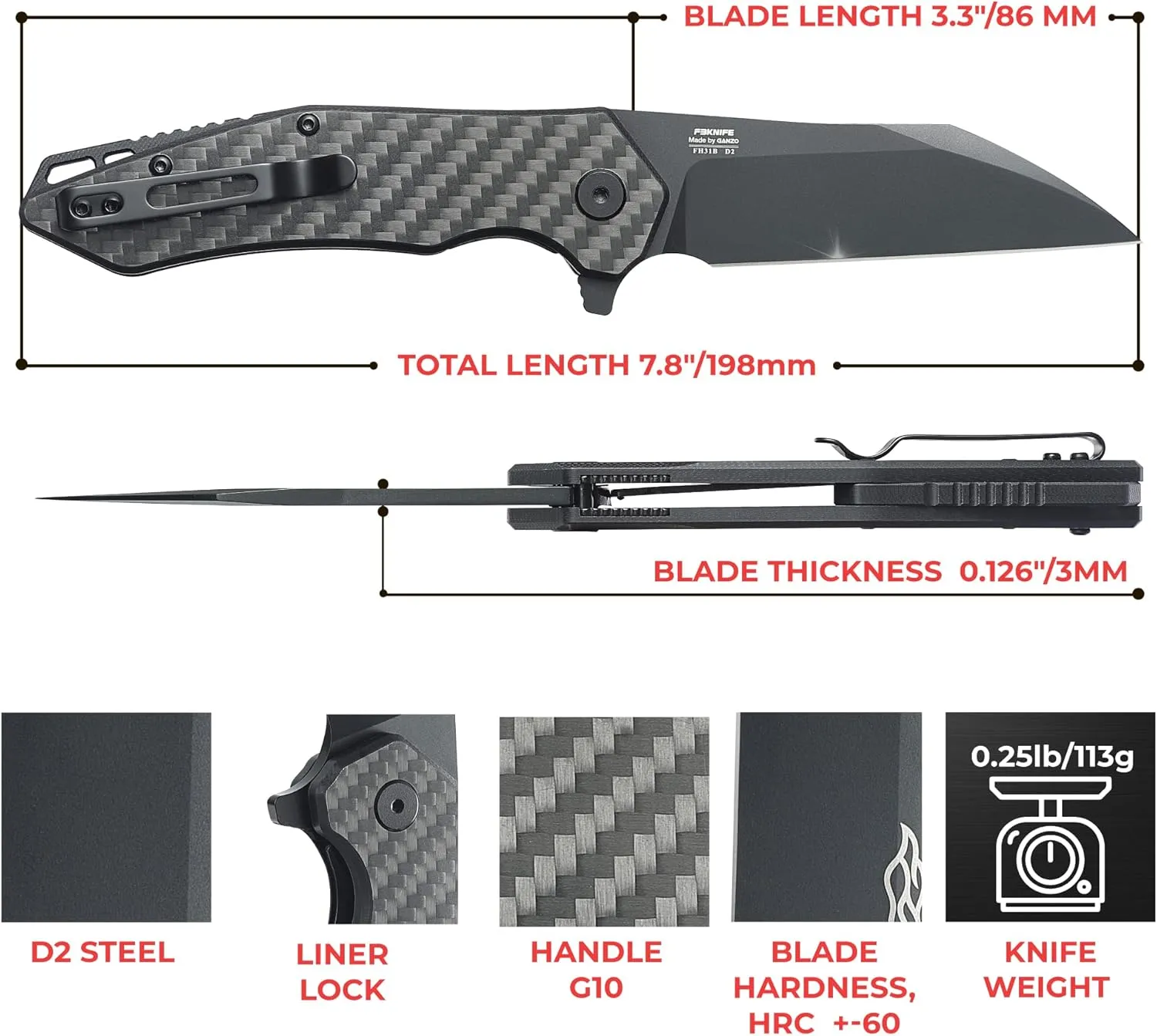 Firebird GANZO FH31 Folding Pocket Knife D2 Steel Wharncliffe Blade Ergonomic G10 Handle with Clip Hunting Fishing Flipper Camping Outdoor EDC Knife