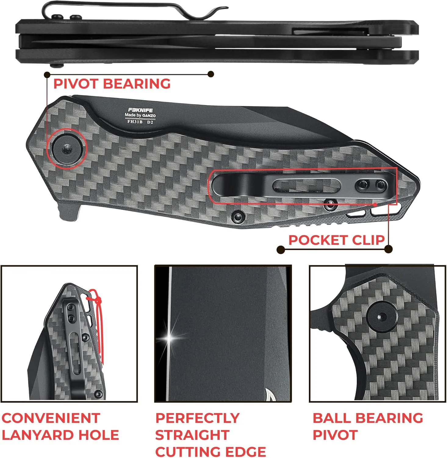 Firebird GANZO FH31 Folding Pocket Knife D2 Steel Wharncliffe Blade Ergonomic G10 Handle with Clip Hunting Fishing Flipper Camping Outdoor EDC Knife
