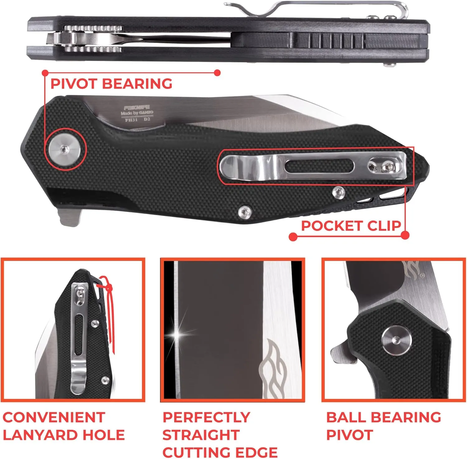 Firebird GANZO FH31 Folding Pocket Knife D2 Steel Wharncliffe Blade Ergonomic G10 Handle with Clip Hunting Fishing Flipper Camping Outdoor EDC Knife