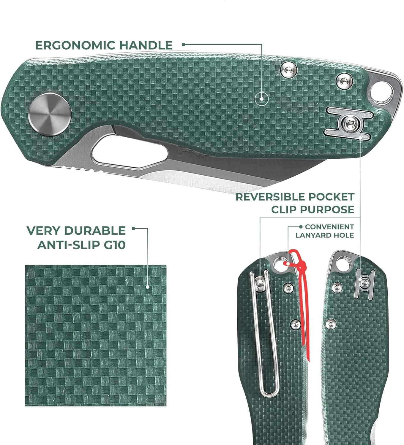 Firebird GANZO FH924-GR Ball Bearing Pocket Folding Knife Wharncliffe D2 Steel Blade G10 Anti-Slip Handle with Clip Camping Hunting Fishing Folder Outdoor EDC Pocket Knife (Green)