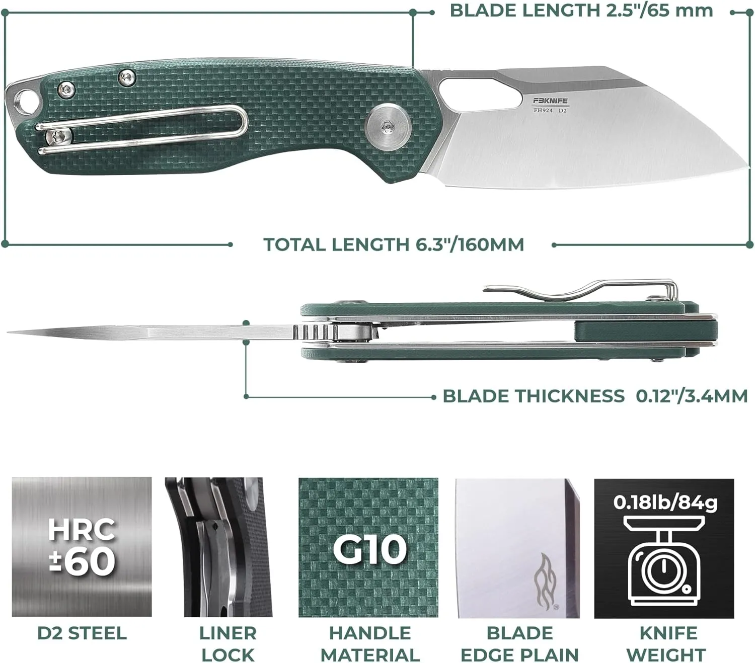 Firebird GANZO FH924-GR Ball Bearing Pocket Folding Knife Wharncliffe D2 Steel Blade G10 Anti-Slip Handle with Clip Camping Hunting Fishing Folder Outdoor EDC Pocket Knife (Green)