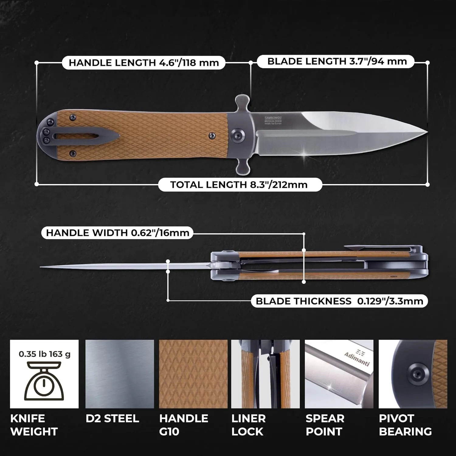 Firebird Knife GANZO Firebird Adimanti Samson-BR Pocket Folding Knife G10 Handle with Clip D2 Steel Blade Hunting Fishing Camping Outdoor EDC Knife (Brown)