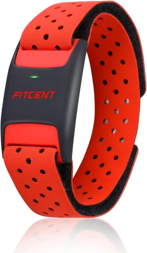 FITCENT Heart Rate Monitor Armband, Bluetooth ANT  Optical Heart Rate Sensor Arm Band, Rechargeable Fitness Tracker for Peloton Strava Zwift Polar Beat DDP Yoga Wahoo Fitness (Red)