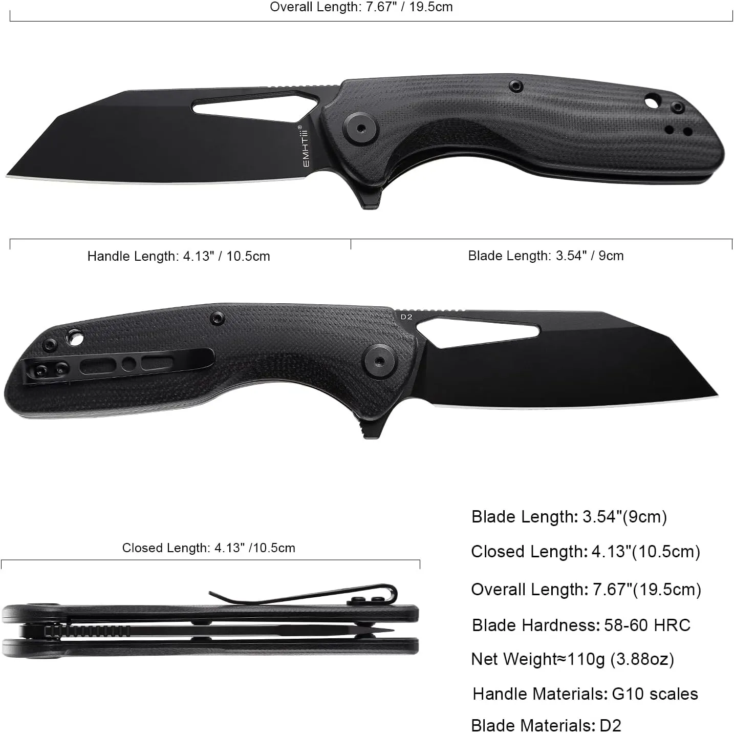 Flipper Reverse Tanto Pocket Folding Knife: 3.54" D2 Steel Blade with G10 Handle Scales, Reversible Clip, Liner Lock, EDC Camping Knives, Great Gifts for Men Women, Black