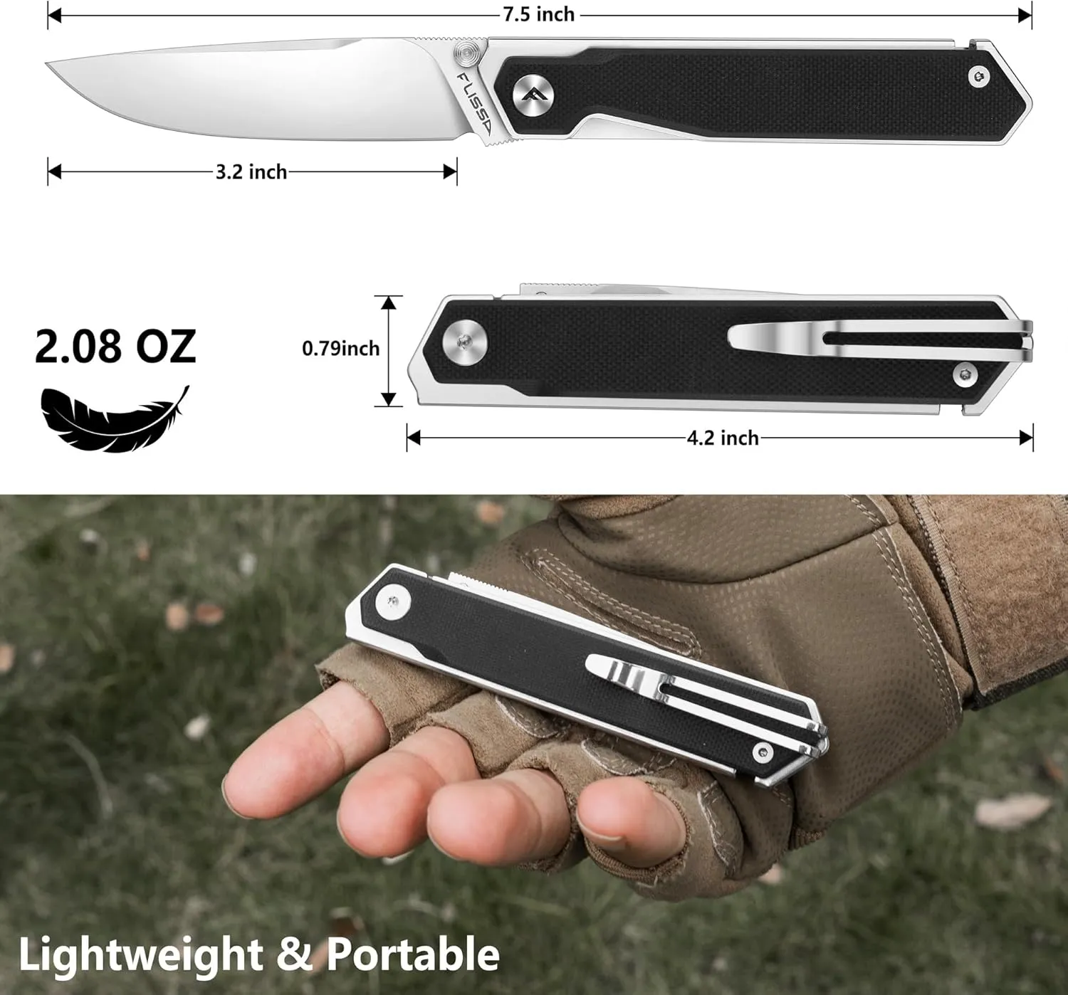 FLISSA Pocket Knife, Folding Knife with 3.2" 8Cr13MoV Blade, G10 Handle, Removable Pocket Clip, Lightweight for EDC, Camping, Hiking, Daily Use(Black)