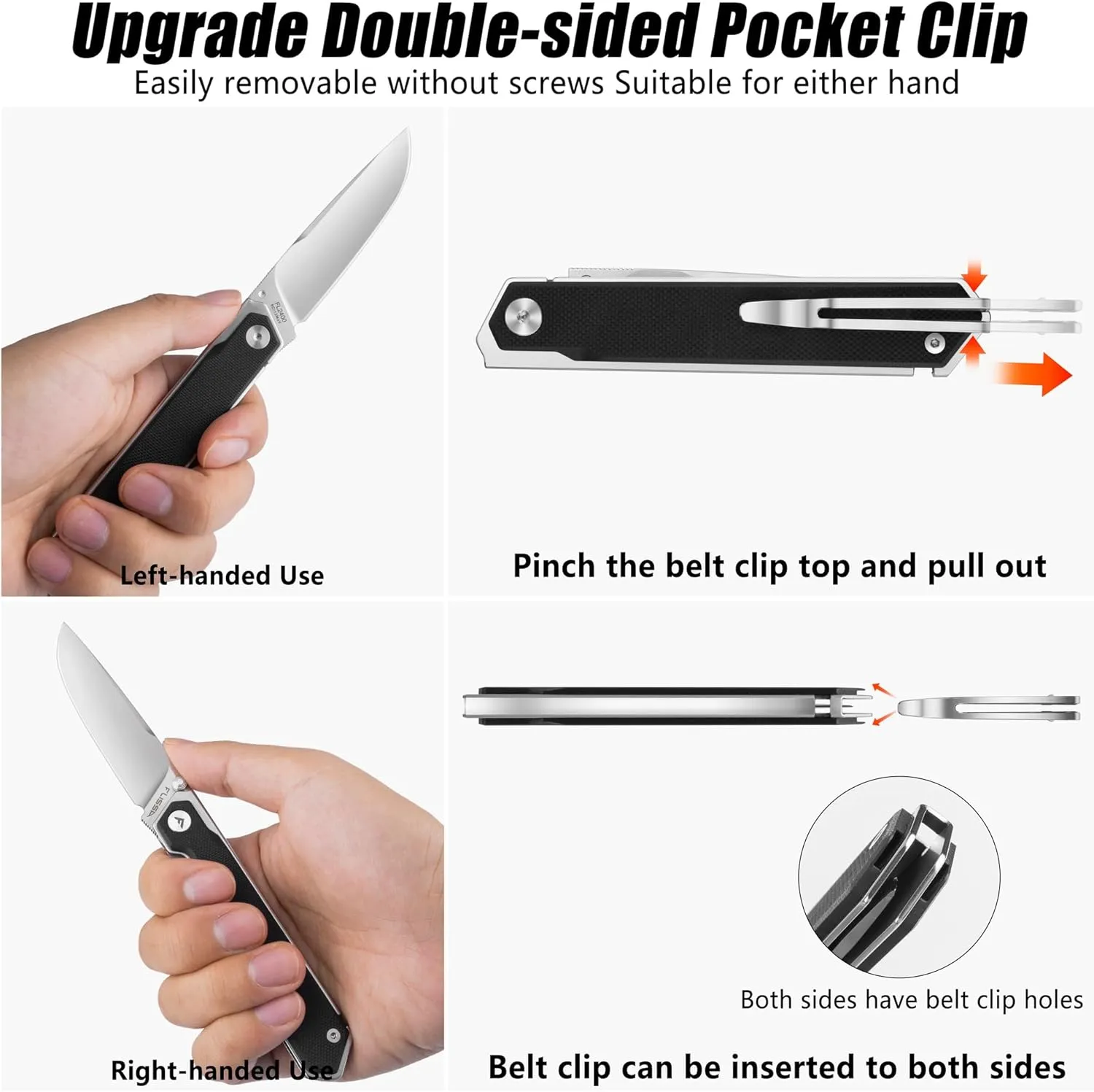 FLISSA Pocket Knife, Folding Knife with 3.2" 8Cr13MoV Blade, G10 Handle, Removable Pocket Clip, Lightweight for EDC, Camping, Hiking, Daily Use(Black)