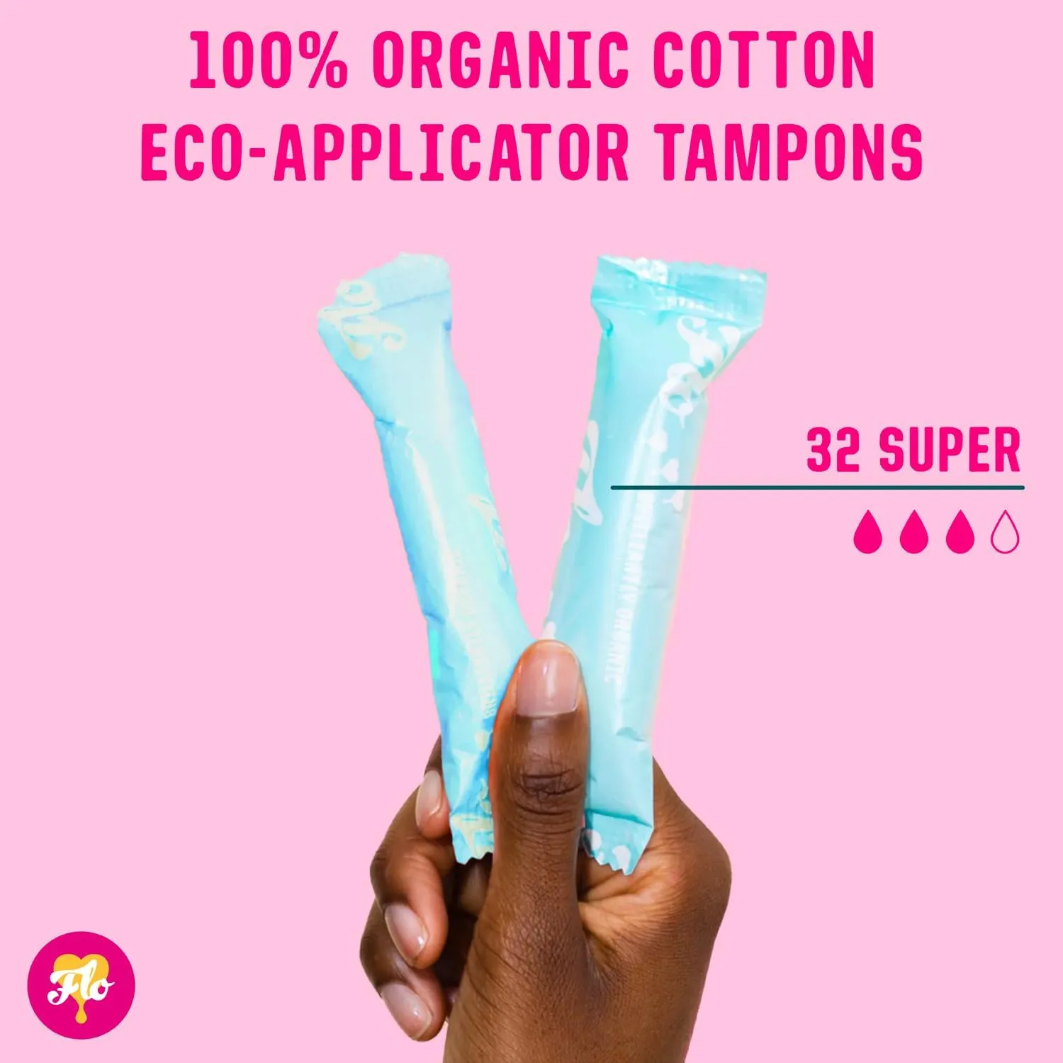 FLO Organic Cotton Applicator Tampon Mega Super Pack, Feminine Care, Organic, Hygiene, Women, Compostable, Black-and-Woman-Owned (32 Super tampons)