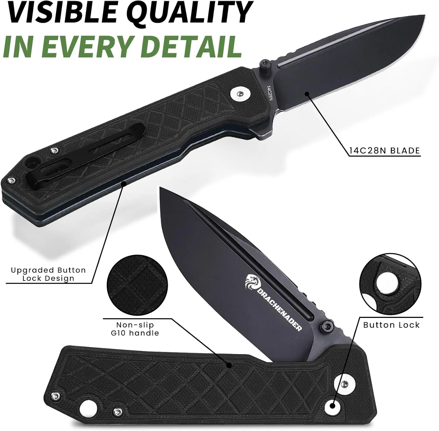 Folding Pocket Knife for Men, Button Lock Pocket Knife with Sheath and Clip, 14C28N Steel, G10 Handle, All-Black Design