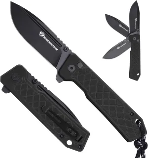 Folding Pocket Knife for Men, Button Lock Pocket Knife with Sheath and Clip, 14C28N Steel, G10 Handle, All-Black Design