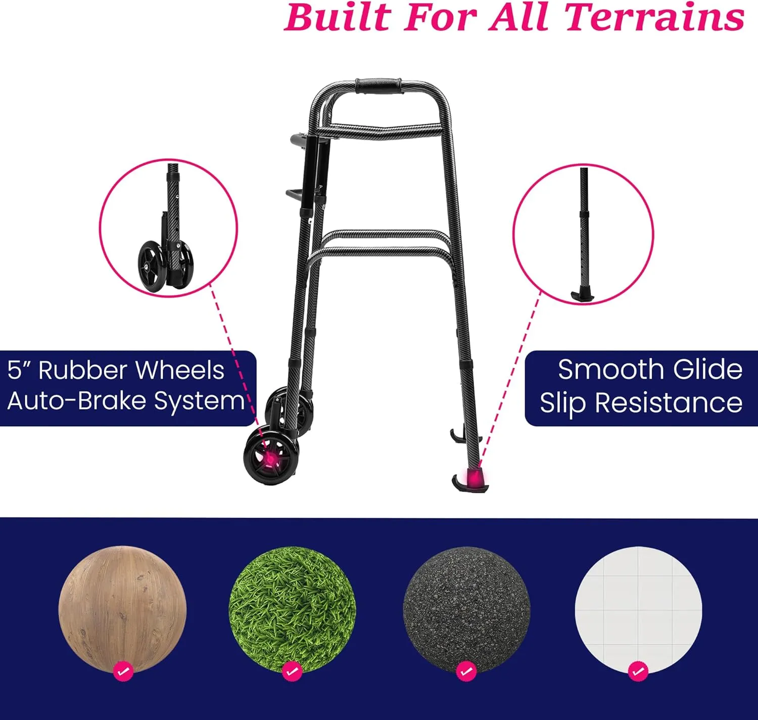Folding Walker with Wheels, 5" Auto Brake Front Wheel Walker, Lightweight Walkers for Seniors, Durable Carbon Fiber Aluminum Frame, Adjustable Height, Supports Up to 400lbs, Carbon Black