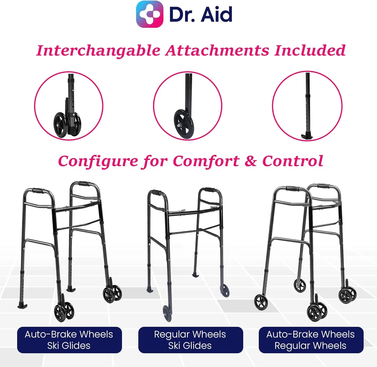 Folding Walker with Wheels, 5" Auto Brake Front Wheel Walker, Lightweight Walkers for Seniors, Durable Carbon Fiber Aluminum Frame, Adjustable Height, Supports Up to 400lbs, Carbon Black