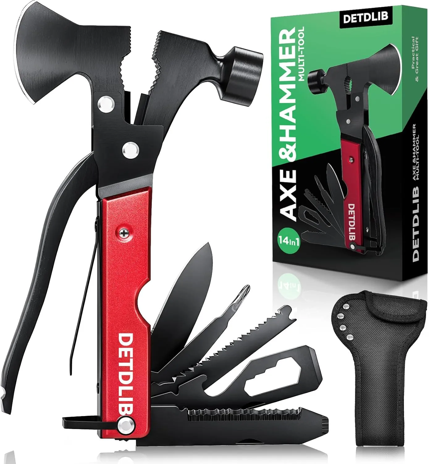 for Dad, 15-in-1 Multitool Axe Hatchet, Birthday Gifts for Men, Cool Men Gifts for Dad, Husband, Essential for Camping, Hiking, Gifts for Him, Women, Red