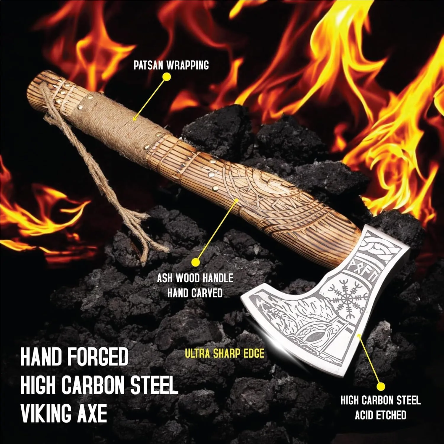 Forged Viking Axe, Carbon Steel Blade Ashwood Leather Wrapped Handle, Camping Axe, Viking Axe Hatchet, Real Tomahawk Gift, Wood Splitting Axe, Birthday Gift with Premium Leather Sheath