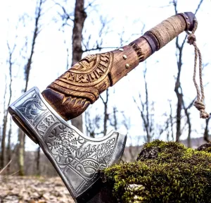 Forged Viking Axe, Carbon Steel Blade Ashwood Leather Wrapped Handle, Camping Axe, Viking Axe Hatchet, Real Tomahawk Gift, Wood Splitting Axe, Birthday Gift with Premium Leather Sheath