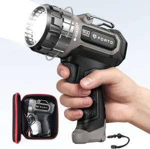 FORTO Compact Rechargeable Spotlight with Adjustable Focus, 1400 Lumens Handheld Spotlight with Stand, 823m Range, 3 Light Modes and LED Spot Lights Outdoor for Boating Hunting Camping Hiking