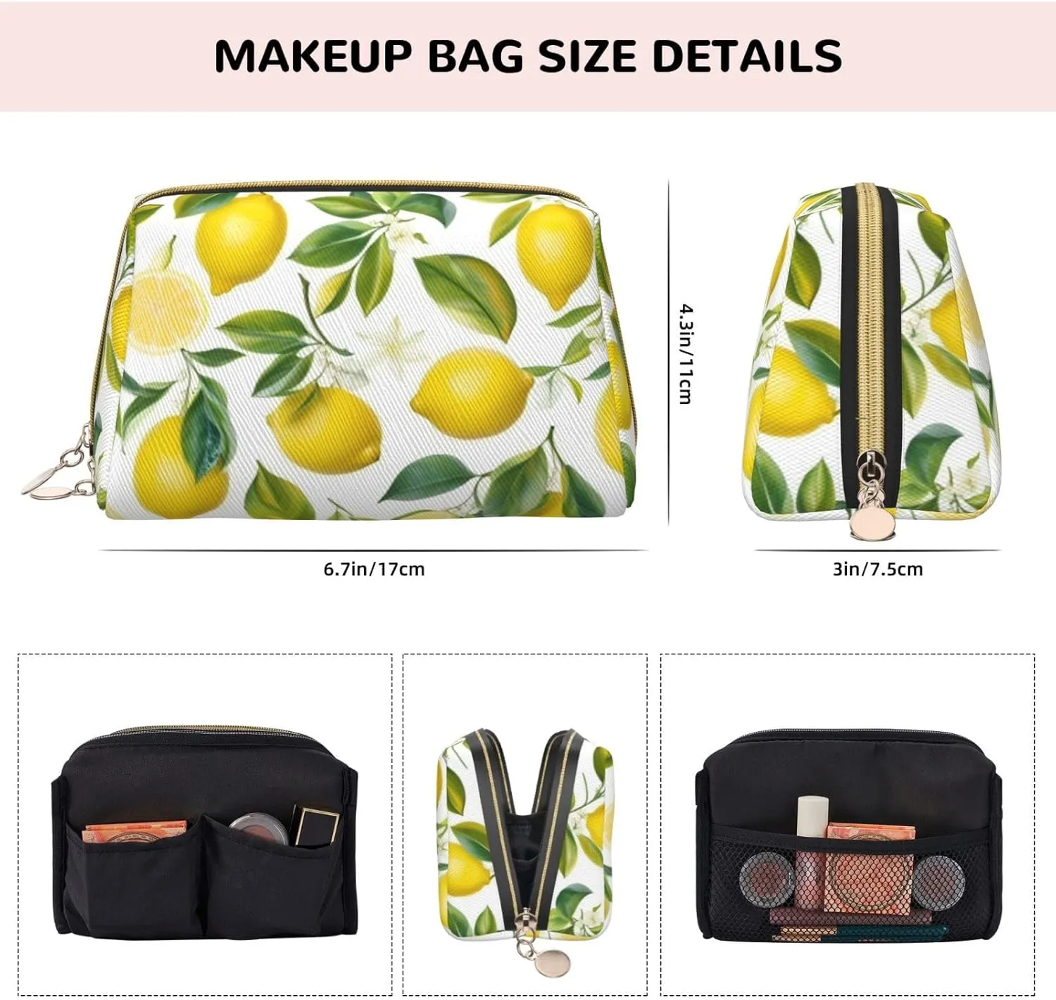 Fresh Tropical Lemons Toiletry Pouch, Travel-Friendly Makeup Organizer For Makeup Brushes, Lipsticks