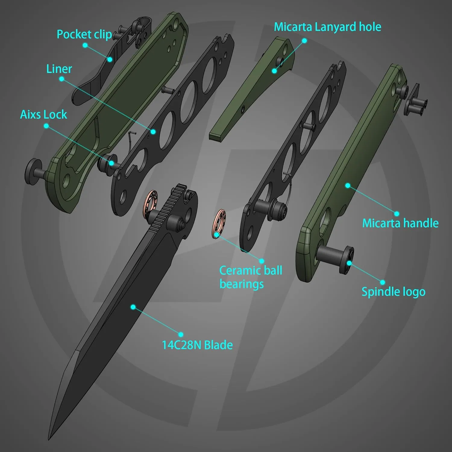 G062 Folding Knife for EDC, 14C28N Steel Blade Pocket knife, Crossbar Lock Knife for Outdoor, Survival, Hunting and Camping, 3.28oz（Micarta Green Black Coating）