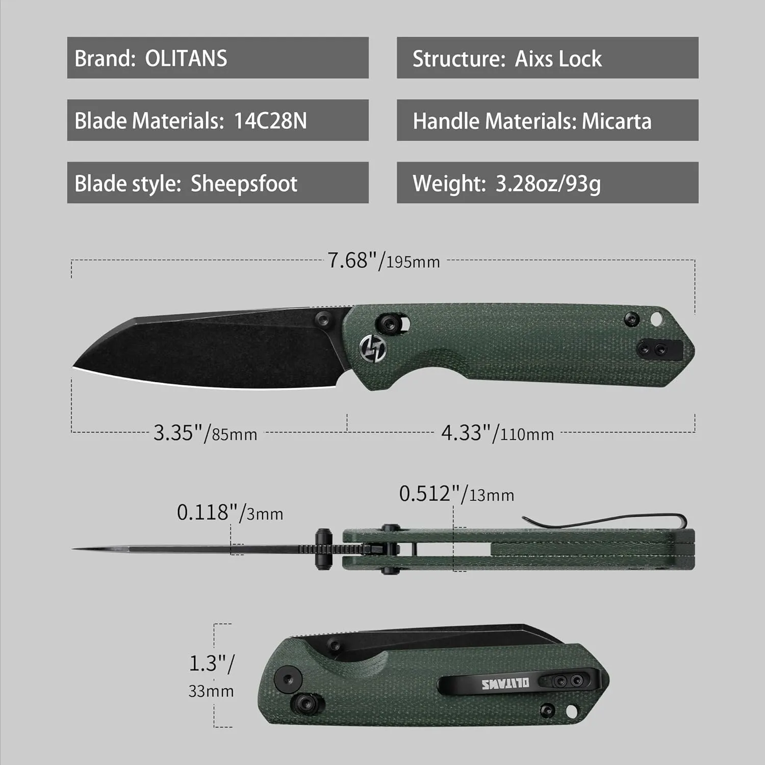 G062 Folding Knife for EDC, 14C28N Steel Blade Pocket knife, Crossbar Lock Knife for Outdoor, Survival, Hunting and Camping, 3.28oz（Micarta Green Black Coating）