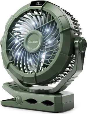 Gaiatop Portable Camping Fan with LED Lantern, 360°Rotation and Clip on for Desk, 4000mAh USB Rechargeable Battery Powered, Digital Display and Hanging Hook for Tent Outdoor Travel Bedroom Green