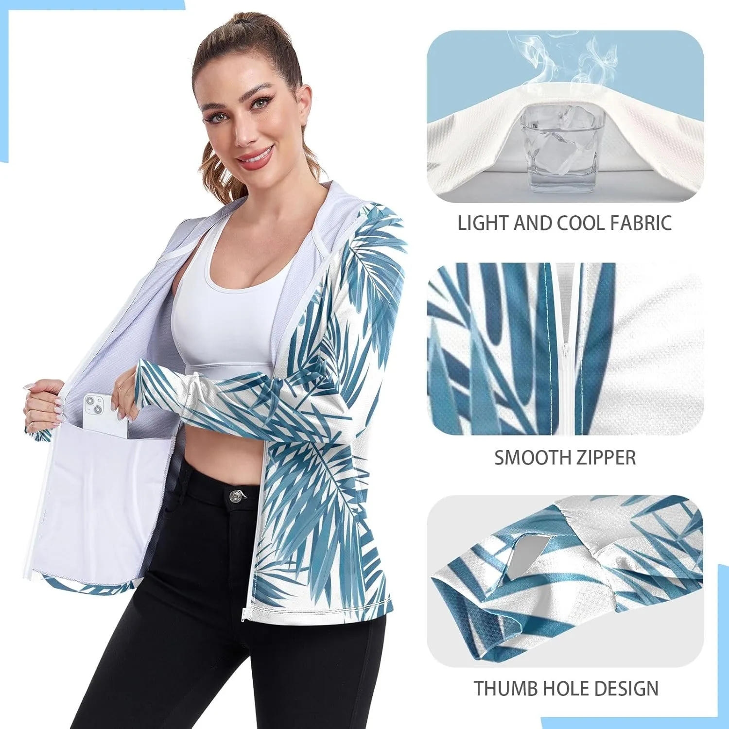 GAIGEO Tropical Palm Leaves Floral Blue Women Jacket UPF 50  Lightweight Summer Jackets for Women, Breathable Fabric, S