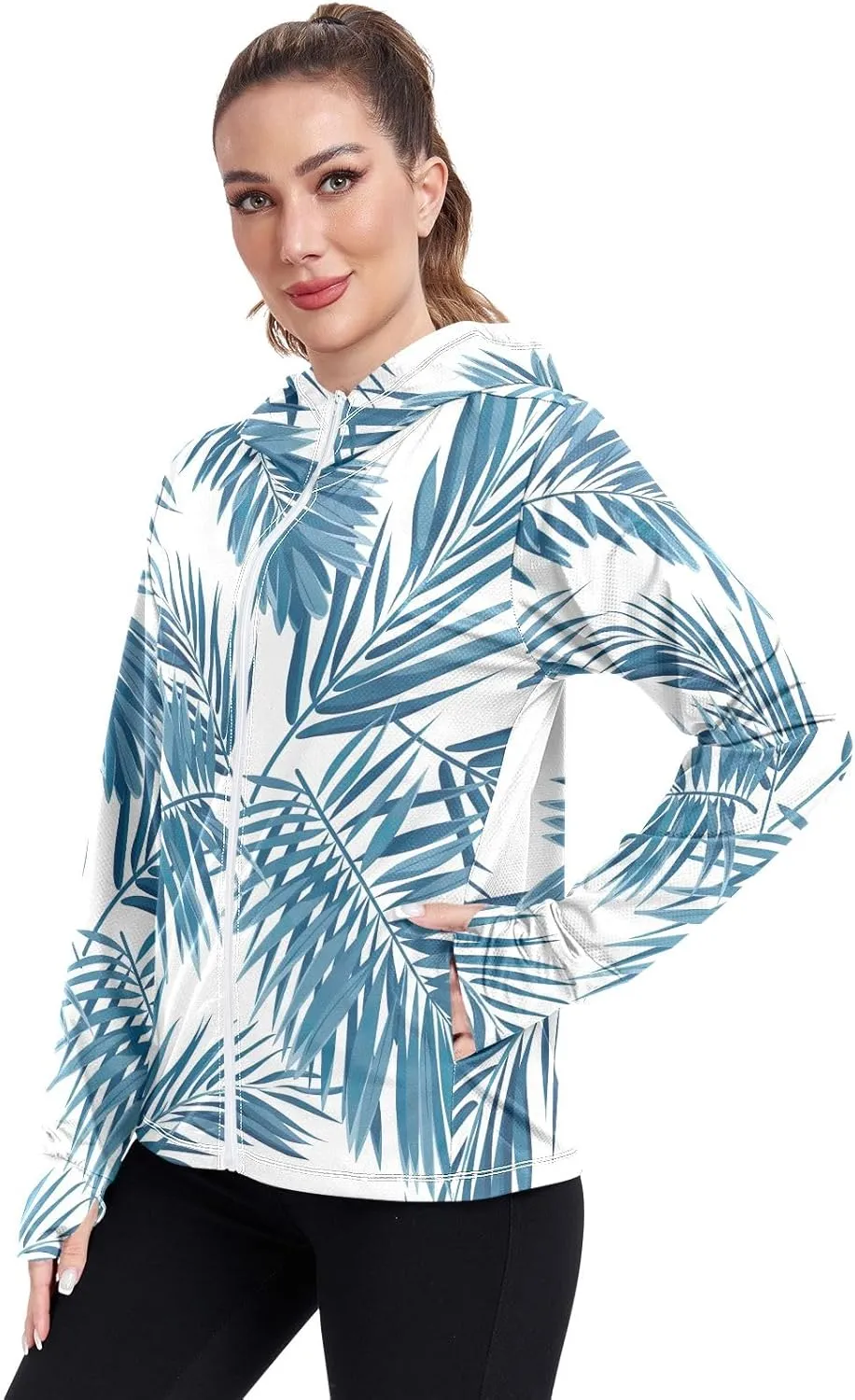 GAIGEO Tropical Palm Leaves Floral Blue Women Jacket UPF 50  Lightweight Summer Jackets for Women, Breathable Fabric, S