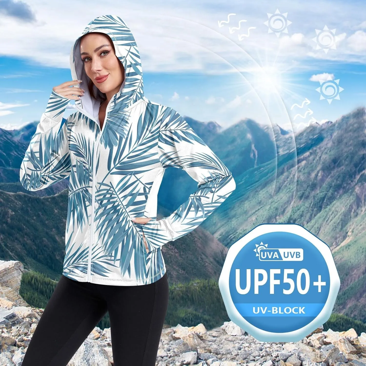 GAIGEO Tropical Palm Leaves Floral Blue Women Jacket UPF 50  Lightweight Summer Jackets for Women, Breathable Fabric, S