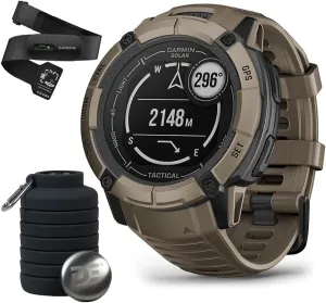 Garmin 010-02805-12 Instinct 2X Solar Rugged GPS Smartwatch Tactical Edition Coyote Tan Bundle with Garmin Heart Rate Monitor Accurate Heart Rate & HRV Data Strap M-XL and Collapsable Water Bottle