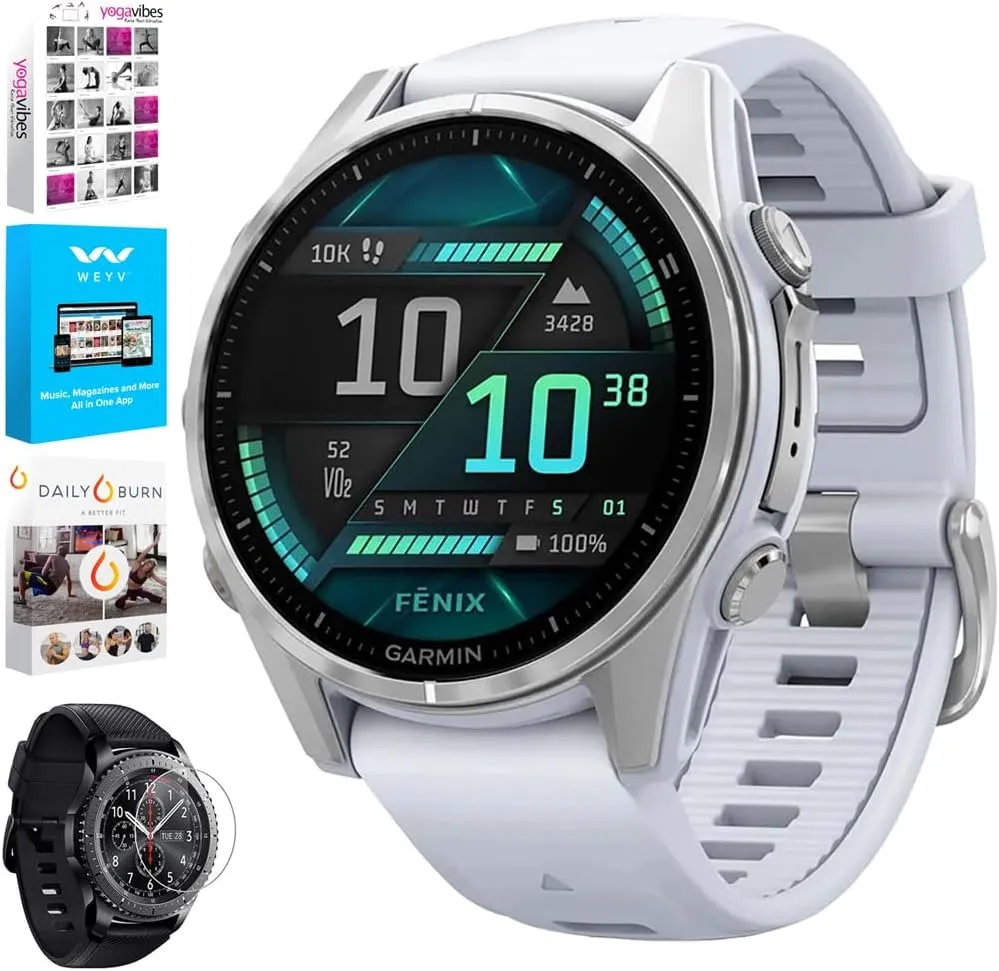 Garmin 010-02903-00 Fenix 8 43 mm, AMOLED, Silver with Whitestone Silicone Band Bundle with Tech Smart USA Fitness & Wellness Suite   Round Tempered Glass Screen Protector