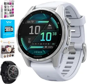 Garmin 010-02903-00 Fenix 8 43 mm, AMOLED, Silver with Whitestone Silicone Band Bundle with Tech Smart USA Fitness & Wellness Suite   Round Tempered Glass Screen Protector