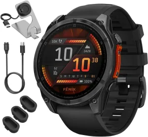Garmin 010-02904-00 Fenix 8 47 mm, AMOLED, Slate Gray with Black Silicone Band Bundle with Deco Essentials Charging Dock, 3X Silicone Dust Cover and USB Type C Charging and Sync Cable