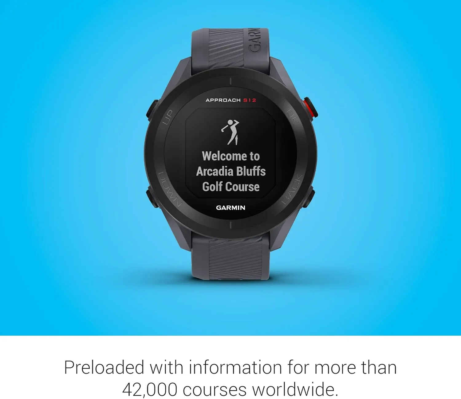 Garmin Approach S12 Golf Watch, Preloaded, 42k CourseView Maps, Scorekeeping Functionality, Uploads Scores to Garmin Golf App, Sunlight Readable Display - Signature Stand Power Bundle