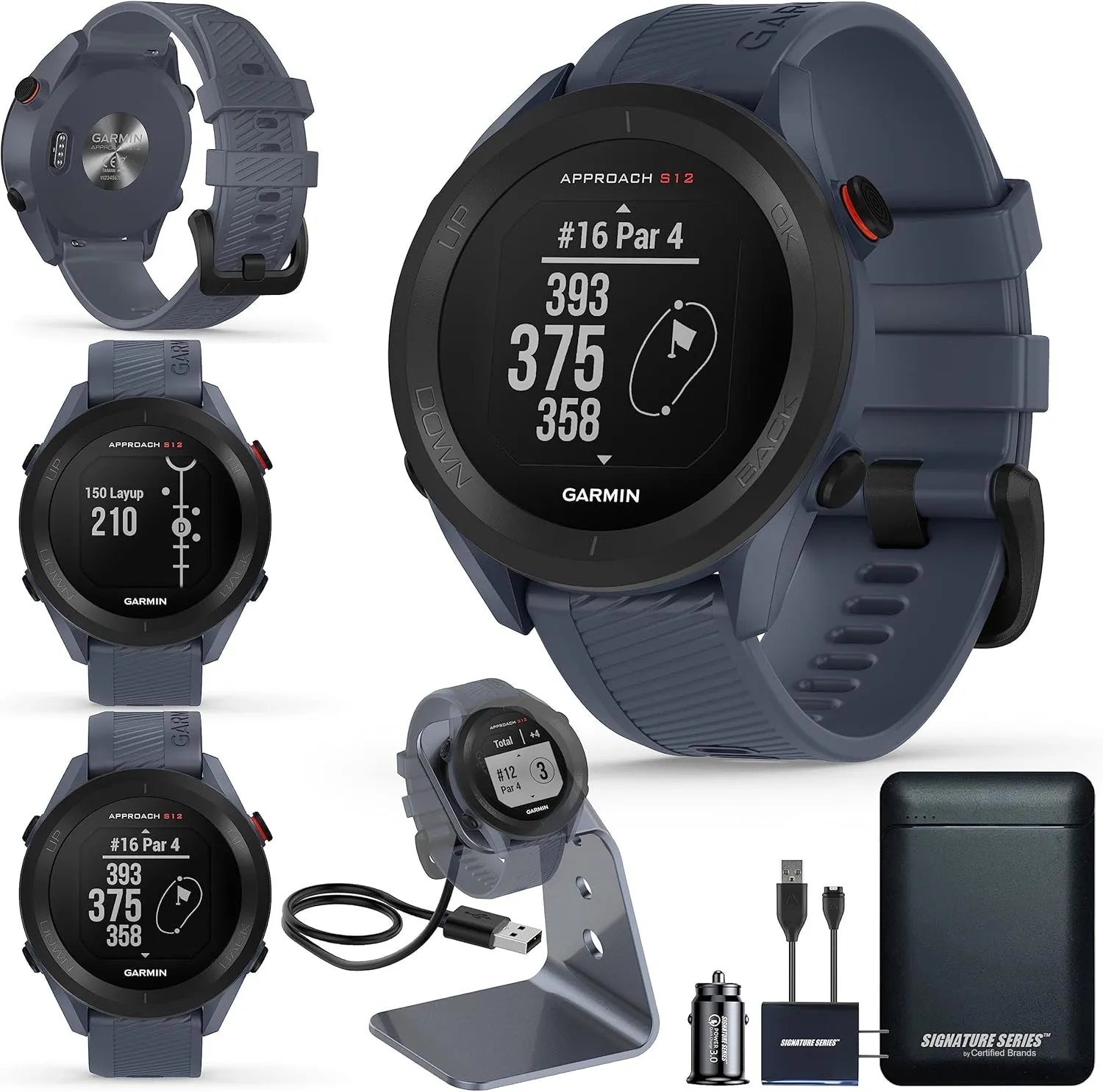 Garmin Approach S12 Golf Watch, Preloaded, 42k CourseView Maps, Scorekeeping Functionality, Uploads Scores to Garmin Golf App, Sunlight Readable Display - Signature Stand Power Bundle