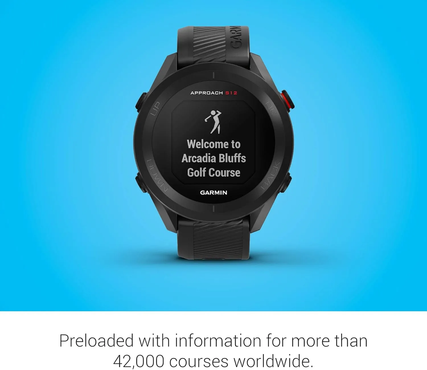 Garmin Approach S12 Golf Watch | Preloaded with 42k CourseView Maps | Scorekeeping Functionality | Uploads Scores to Garmin Golf App | Sunlight Readable Display with Signature Stand Power Bundle