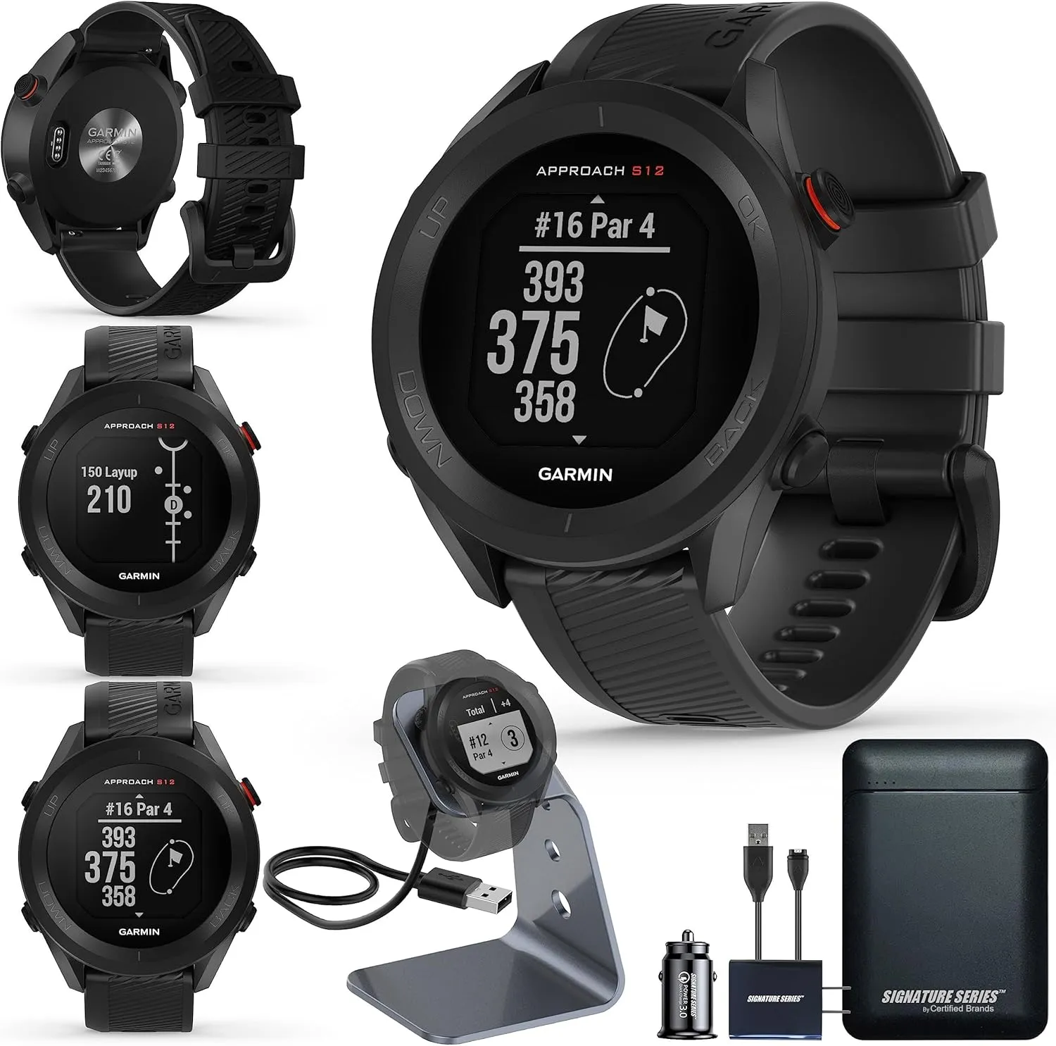 Garmin Approach S12 Golf Watch | Preloaded with 42k CourseView Maps | Scorekeeping Functionality | Uploads Scores to Garmin Golf App | Sunlight Readable Display with Signature Stand Power Bundle