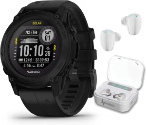 Garmin Descent G1 Solar Rugged Dive Computer with Solar Charging Capabilities, Multiple Dive Modes, Black with Wearable4U White Earbuds Bundle