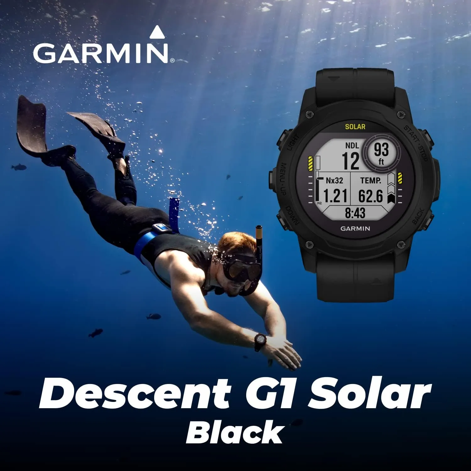 Garmin Descent G1 Solar Rugged Dive Computer with Solar Charging Capabilities, Multiple Dive Modes, Black with Wearable4U White Earbuds Bundle
