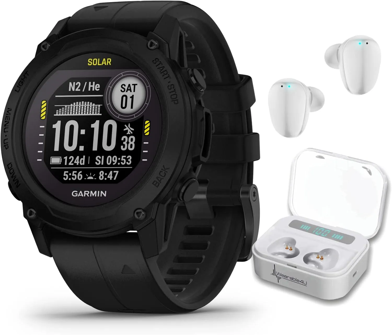 Garmin Descent G1 Solar Rugged Dive Computer with Solar Charging Capabilities, Multiple Dive Modes, Black with Wearable4U White Earbuds Bundle