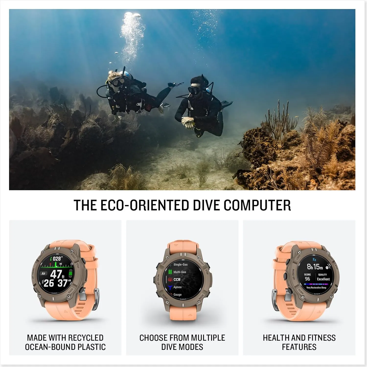 Garmin® Descent™ G2, Watch-Style Dive Computer, Bright AMOLED Display, Multiple Dive Modes, Health and Wellness Features, Paloma with Shell Pink Band