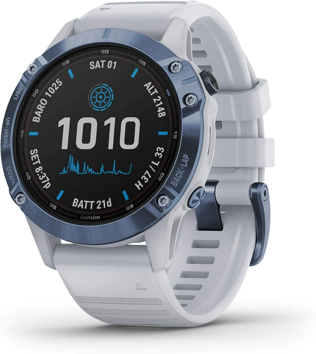 Garmin fenix 6 Pro Solar, Multisport GPS Watch with Solar Charging Capabilities, Advanced Training Features and Data, Mineral Blue with White Band (Renewed)