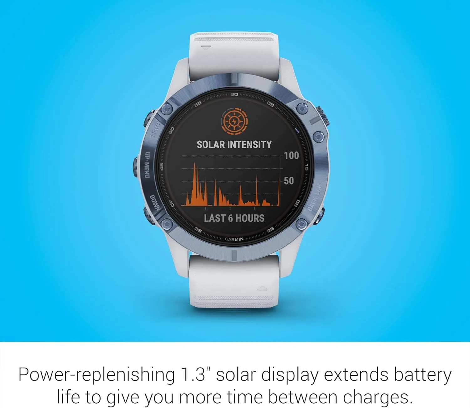 Garmin fenix 6 Pro Solar, Multisport GPS Watch with Solar Charging Capabilities, Advanced Training Features and Data, Mineral Blue with White Band (Renewed)
