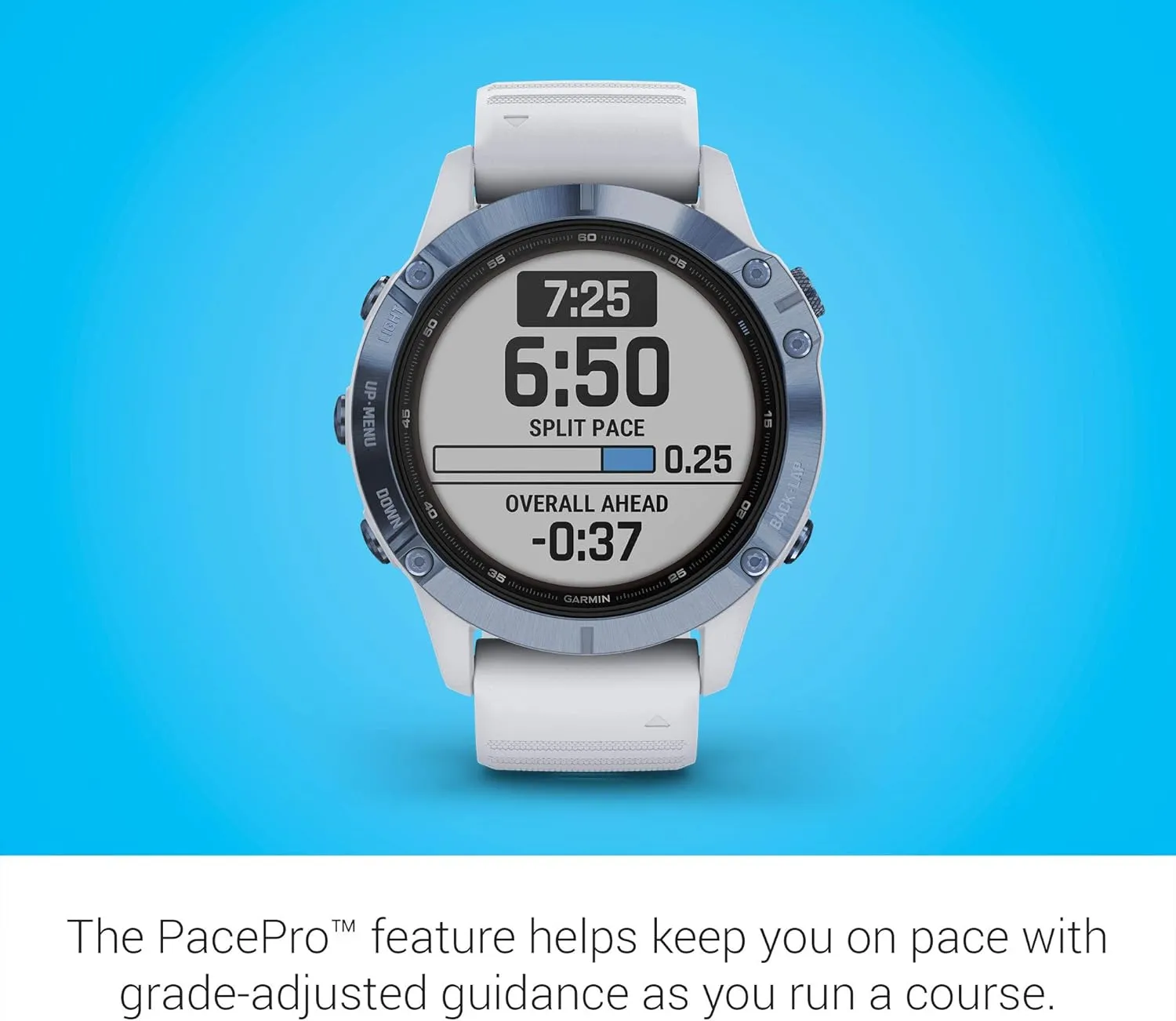 Garmin fenix 6 Pro Solar, Multisport GPS Watch with Solar Charging Capabilities, Advanced Training Features and Data, Mineral Blue with White Band (Renewed)