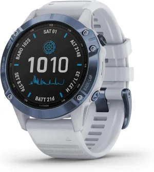 Garmin fenix 6 Pro Solar, Multisport GPS Watch with Solar Charging Capabilities, Advanced Training Features and Data, Mineral Blue with White Band (Renewed)